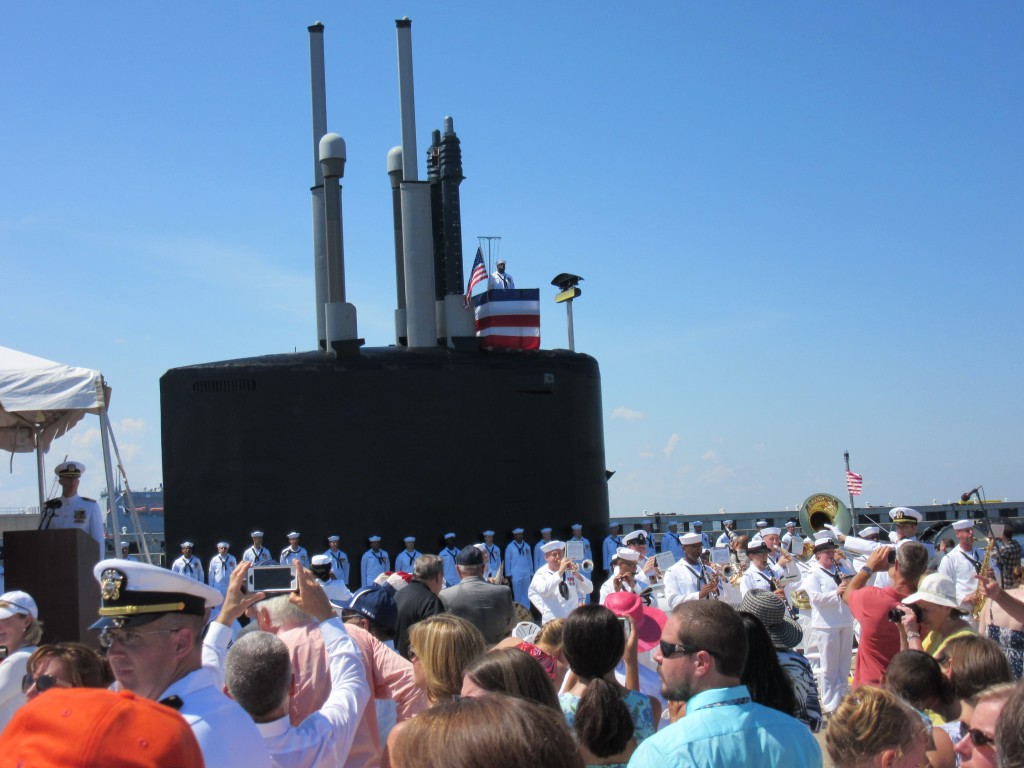 USS John Warner is "brought to life" by the ship sponsor during a commissioning ceremony held at Naval Station Norfolk this past Saturday (Photo by Todd Creekman/NHF/Released)