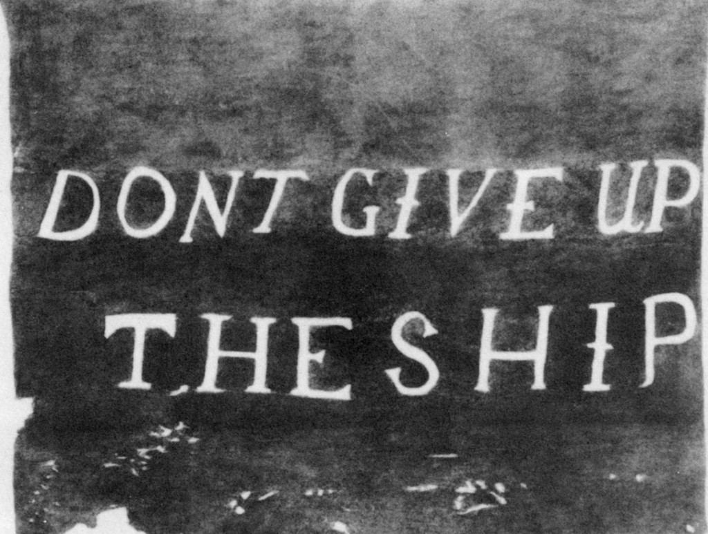 Perry's famous battle flag, with James Lawrence's inspiring words, occupies a place of prominence today at the U.S. Naval Academy. It was made in Erie by a group of ladies led by Mrs. Margaret Foster Stewart.