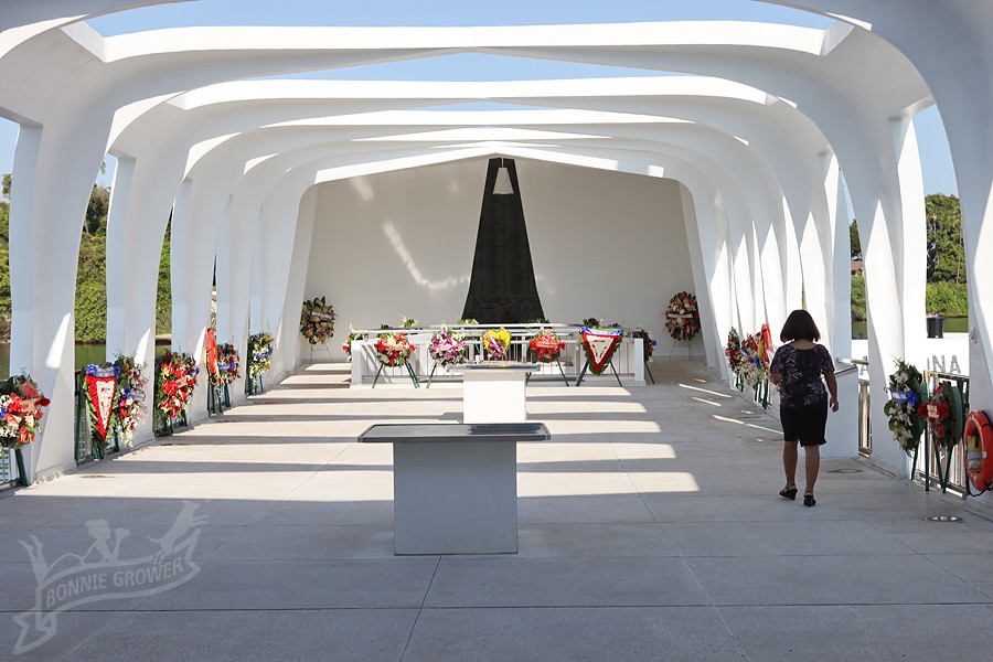 The memorial above USS Arizona is decorated for the remembrance ceremony in 2010. Photo courtesy Bonnie Grower Photography (c) 2010