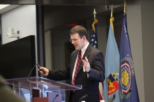 Naval History and Heritage Command Historian Dr. John Sherwood offers his take on the mining of Haiphong Harbor during the Friday afternoon Plenary Sessions (Photo by Matt Eng/NHF/Released)