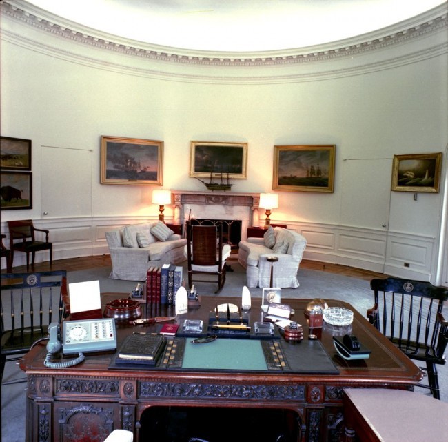 View from behind the President's desk in the Oval Office, White House, Washington, D.C. (JFK Presidential Library and Museum/Image # JFKWHP-KN-C18712-A)