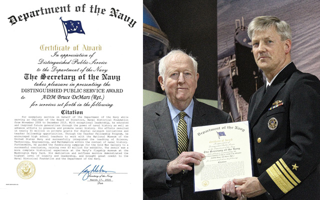 Admiral DeMars' DPS certificate and photo with Director of the Navy Staff, Vice Admiral Robert Thomas. (NHF Photo)