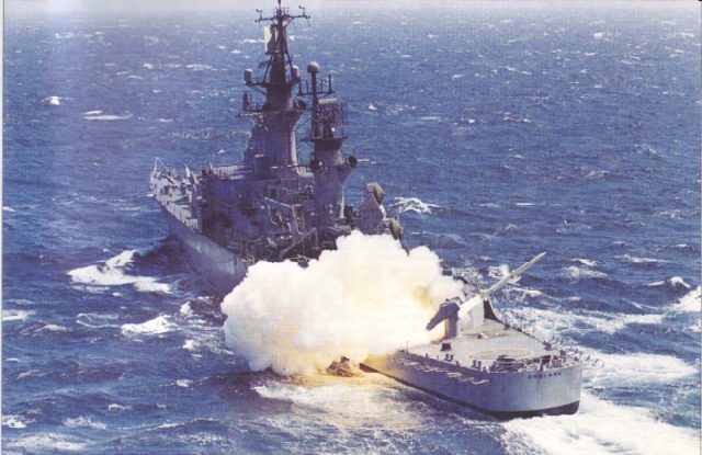 Stern view, Firing Terrier missile from stern launcher. (US Navy Photo/NAVSource)