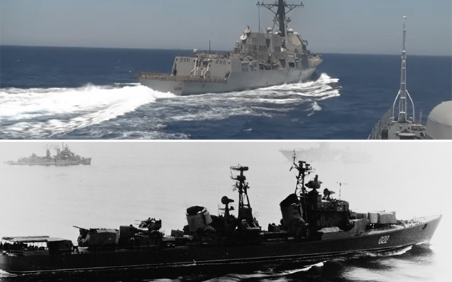 USS Gravely on June 17, 2016 from the deck of Russian frigate Yaroslav Mudry. (Image courtesy RT via USNI News); serving refueling operations between USS HORNET (CVS-12) and USS TALUGA (AO-62) in the Sea of Japan, 9 May 1967. USS WALKER (DD-517) is in right background. (NHHC Photo # USN 1123797)