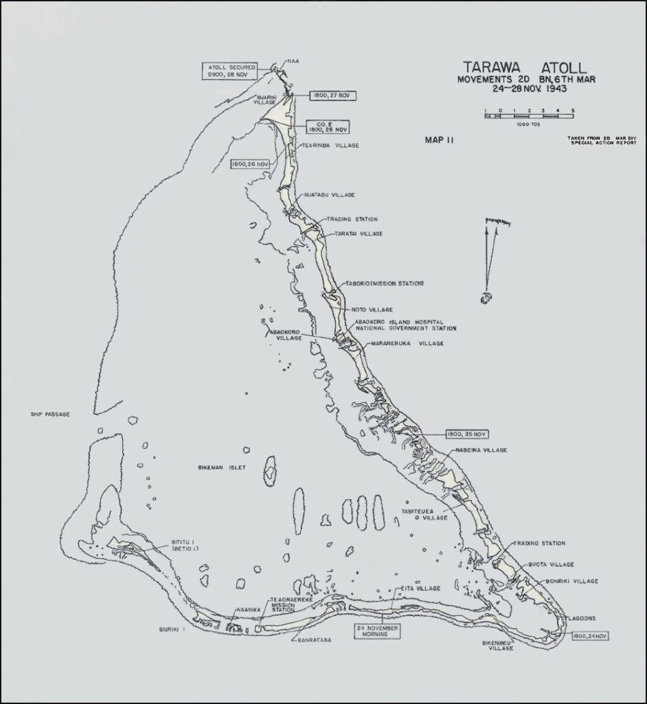 Map of Tarawa Atoll. Bititu Island (Betio Island) on lower left side of the drawing. 