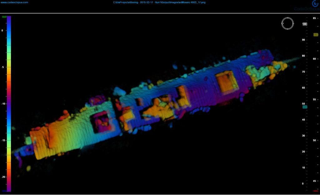 3D Side Scan Sonar image of the Independence on the bottom, roughly 2,700 feet down off Half Moon Bay CA from the joint mission (Navy, NOAA, Boeing, Coda Octopus) in 2015. The bow on the left side. (Image courtesy of Coda Octopus & NOAA)